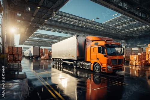 Dynamic logistics hub: Trucks loading, goods moving through warehouses, workers orchestrating, Generated with AI