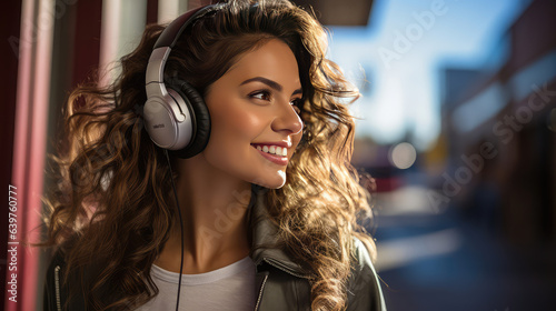 Curly girl with listens to popular music on headphones