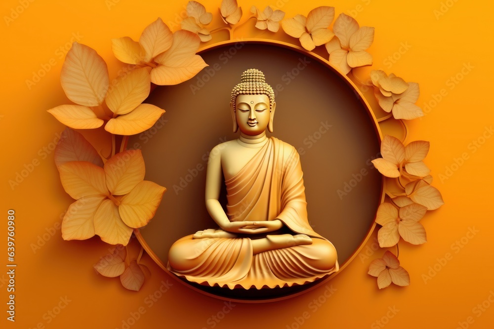 Gautam buddha purnima golden color with leaf. orange 3d circle base background wallpaper, Generative AI