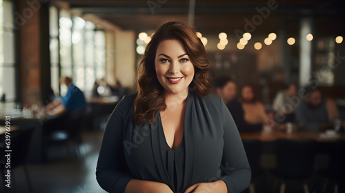 Plus size business woman mature smiles in front of camera