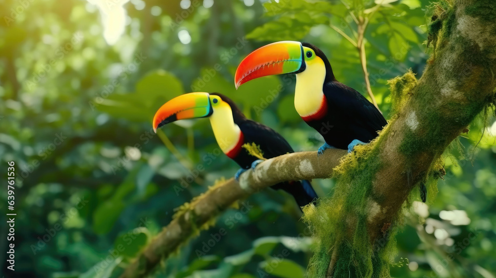 Toucan sitting on the branch in the forest, green vegetation, Costa Rica. Toucan sitting on the branch in the forest, green vegetation, Costa Rica.