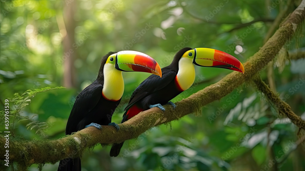 Naklejka premium Toucan sitting on the branch in the forest, green vegetation, Costa Rica.