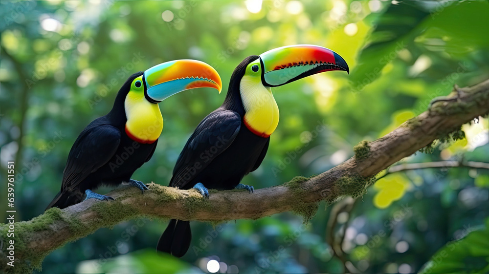 Fototapeta premium Toucan sitting on the branch in the forest, green vegetation, Costa Rica.generative ai
