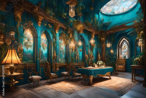  an enchanting 3D rendering scene of a wall painting that immerses viewers in a whimsical fantasy world.