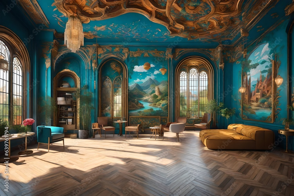  an enchanting 3D rendering scene of a wall painting that immerses viewers in a whimsical fantasy world.