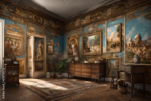  a detailed 3D rendering scene of a wall painting depicting scenes from a historical era.