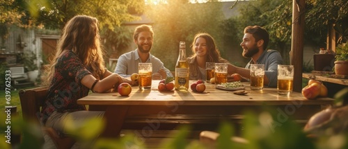 A candid shot of a group of friends gathered around a wooden table, enjoying a lively cider tasting session. The sun - kissed garden provides a relaxed ambiance, and the assortment of cider glasses photo