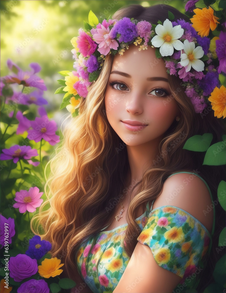 beautiful woman wearing floral tiara on floral background, beautiful woman portrait, generative ai