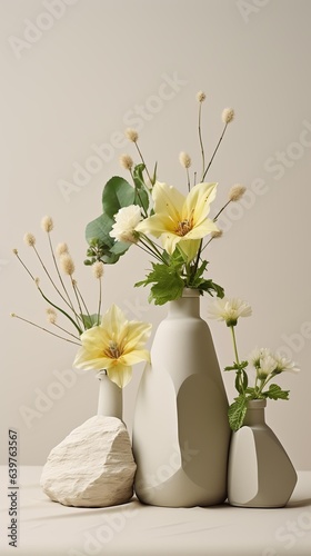 three white bottles of food and flowers made of rocks