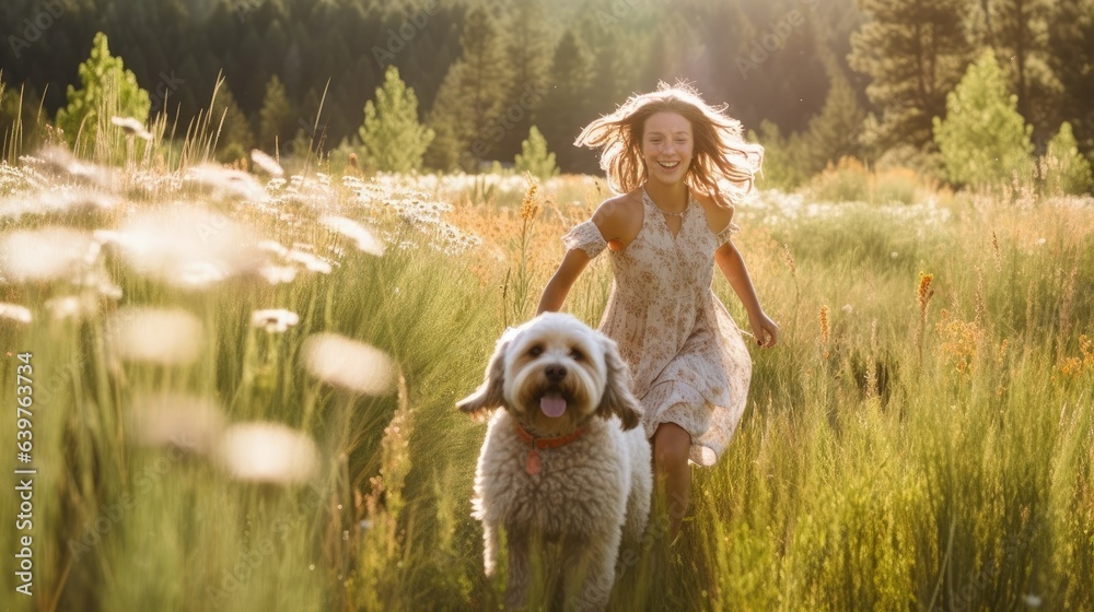girl and dog running joyfully on a autumn field, meadow.
girl and dog running joyfully on a autumn field, meadow.