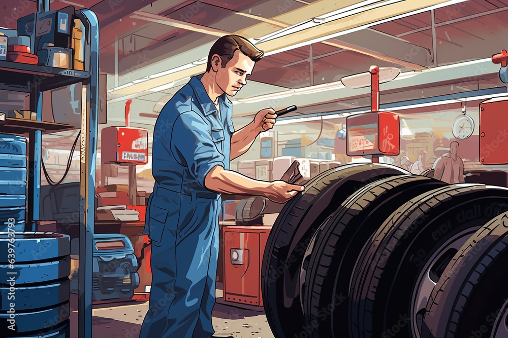 auto repair shop skilled employees assist customers with selecting and installing car tires.Generated with AI auto repair shop skilled employees assist customers with selecting and installing car tires.Generated with AI
