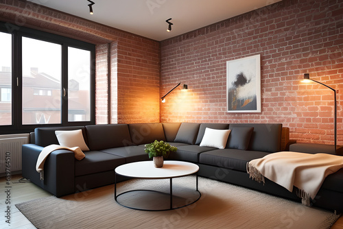Comfortable sofa placed on rug near brick wall with lamps and black round tables in spacious room with windows in apartment designed in loft style. 3d rendering. © Nyetock