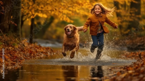 A photo of a girl and her energetic dog etriever running through a shallow creek, their splashes sending ripples through the water