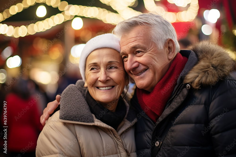 Happy smiling elderly people enjoy christmas on chistmas tree market Happy smiling elderly people enjoy christmas on chistmas tree market