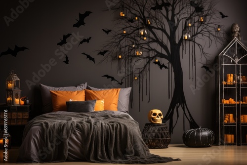 Cozy bedroom interior decorate with halloween theme. Generative AI photo