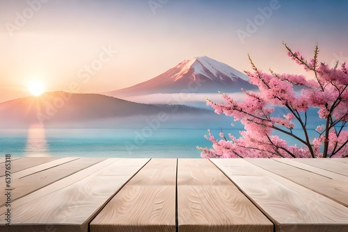 wooden white table at beautiful see charry tree in background and blue sky generated by AI tool photo