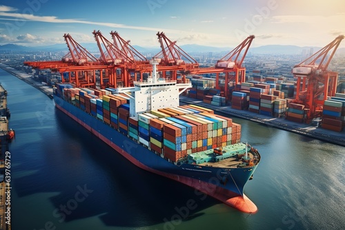 world of shipping transports. Depict a bustling port with cargo ships of various sizes and types, loading and unloading goods by cranes.Generated with AI