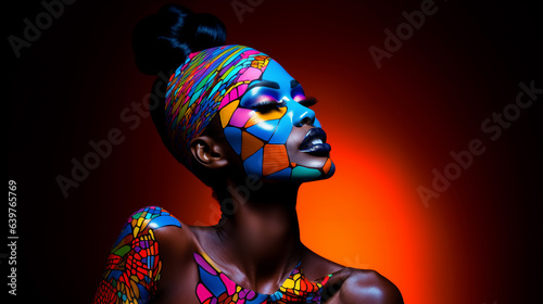 portrait of a woman in carnival mask, A striking portrait of a confident black woman wearing elaborate makeup, her eyes adorned with vibrant eyeshadow that matches the colors of a tropical sunset
