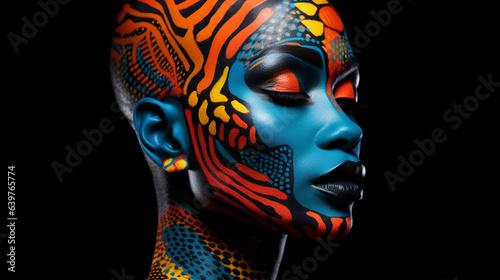 portrait of a woman in carnival mask, A striking portrait of a confident black woman wearing elaborate makeup, her eyes adorned with vibrant eyeshadow that matches the colors of a tropical sunset