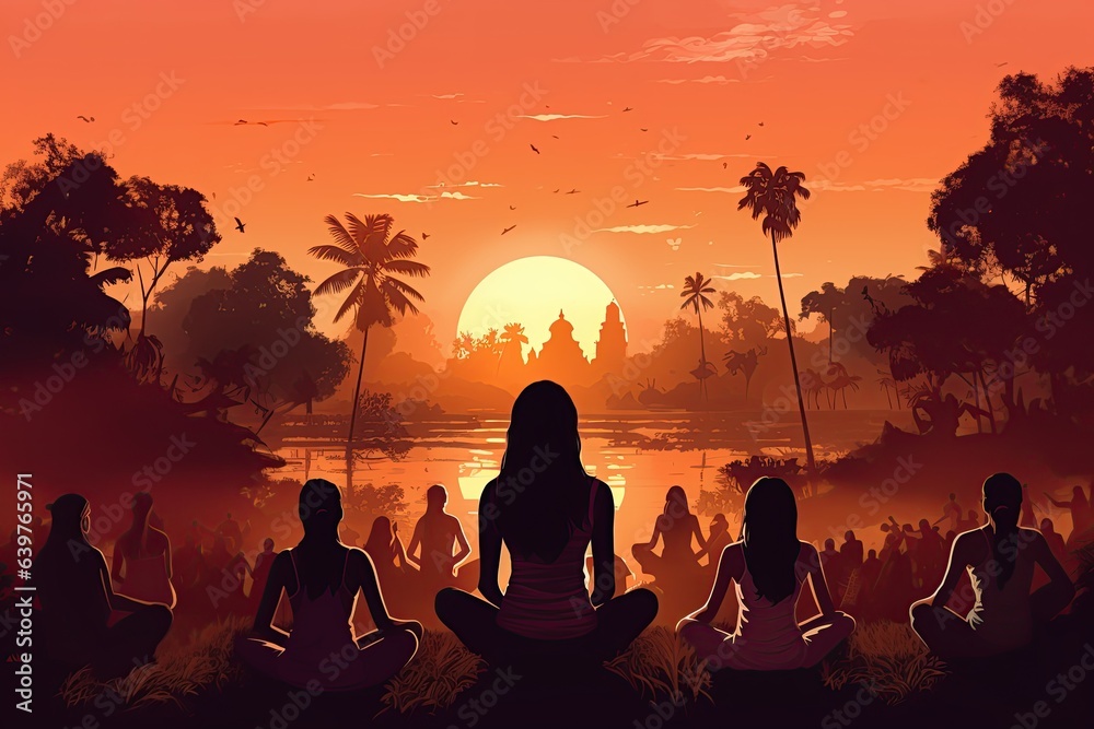 Yoga festival in India. Participants practicing yoga poses amidst natural surroundings.Generated with AI - obrazy, fototapety, plakaty 