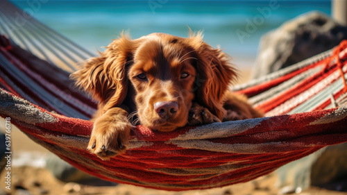 Jack russell dog relaxing on red hammock, on summer vacation holidays at the beach,generative ai