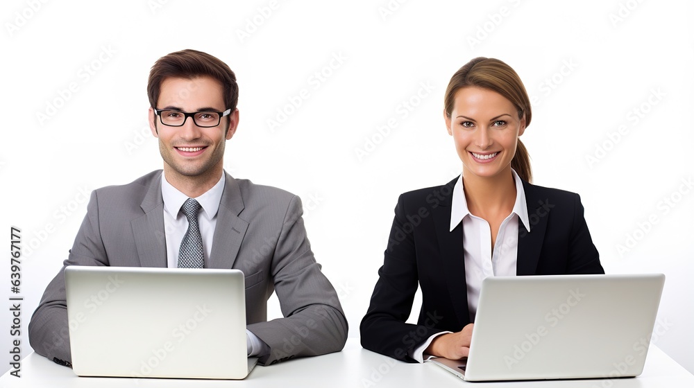 two business people working together isolated on white background two business people working together isolated on white background