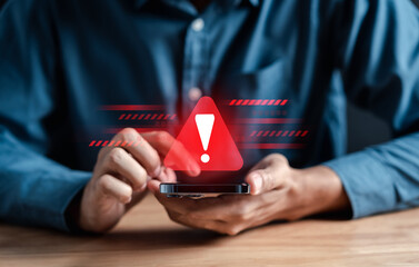 System warning caution sign for notification error and maintenance concept. cyber attack on computer network. Cybersecurity vulnerability, data breach, illegal connection, compromised information.