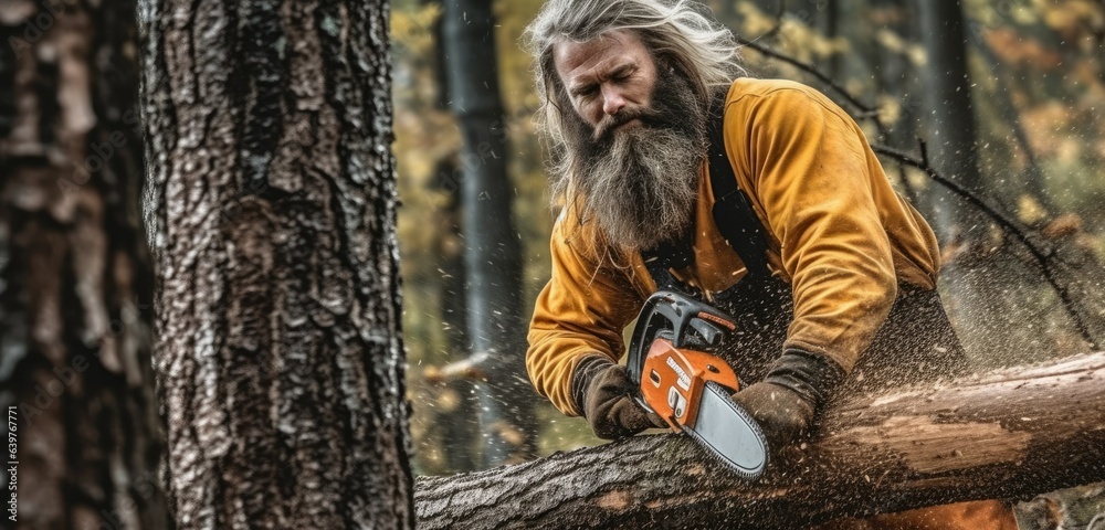 A beard man is cutting wood in the autumn forest with a chainsaw A beard man is cutting wood in the autumn forest with a chainsaw