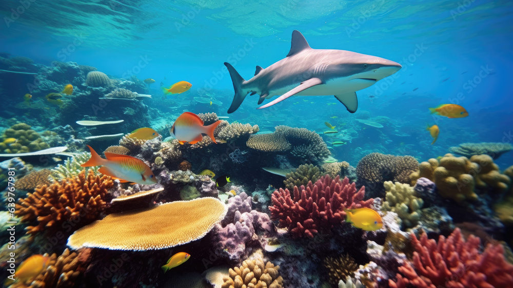 Fototapeta premium Caribbean reef shark and coral reef generative ai