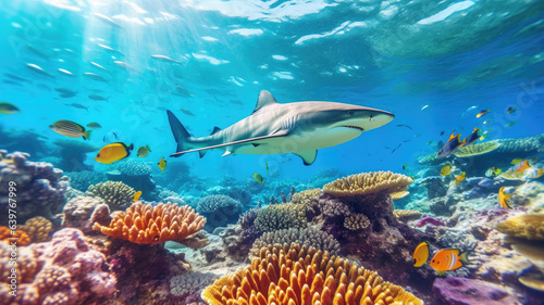 Caribbean reef shark and coral reef generative ai © LomaPari2021