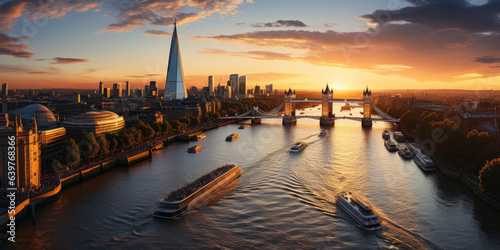 Panorama from the Tower Bridge to the Tower of London, United Kingdom, during sunset,generative ai photo