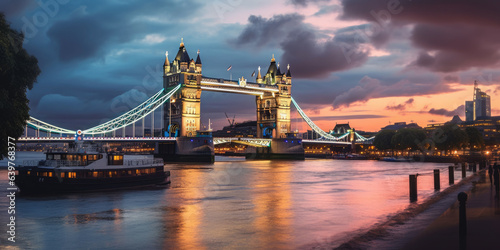 Panorama from the Tower Bridge to the Tower of London, United Kingdom, during sunset,generative ai