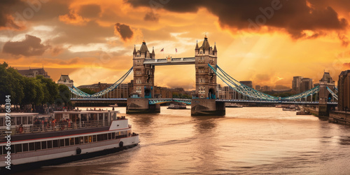 Panorama from the Tower Bridge to the Tower of London, United Kingdom, during sunset,generative ai