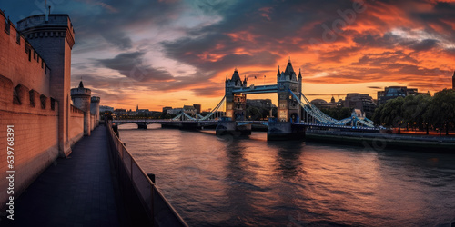 Panorama from the Tower Bridge to the Tower of London  United Kingdom  during sunset generative ai