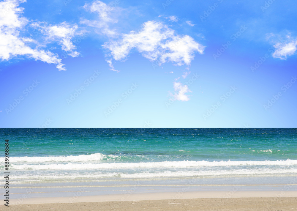 Fototapeta premium Nature landscape view of beautiful tropical beach and sea in sunny day. Beach sea space area for summer design