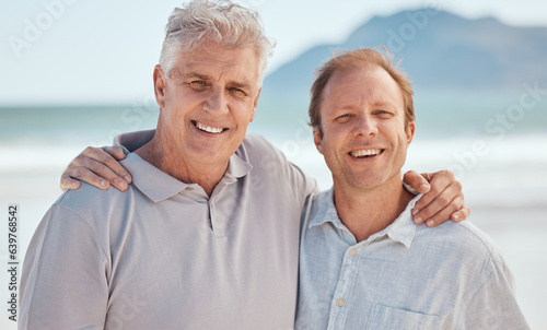 Beach, father or man hug in portrait together on a summer holiday vacation with smile or love. Family, son or happy man bonding with face of proud dad or senior parent at sea in Australia to relax