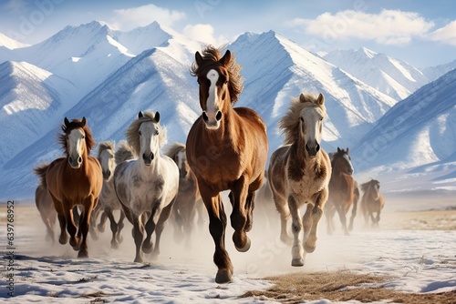 A herd of beautiful horses gallops across the field amid snow-covered mountains © JetHuynh