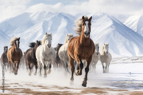 A herd of beautiful horses gallops across the field amid snow-covered mountains