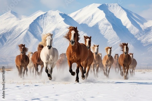 A herd of beautiful horses gallops across the field amid snow-covered mountains © JetHuynh
