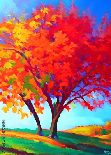 Abstract Autumn Beauty: Colorful Oil Painting of a Landscape with Vibrant Tree