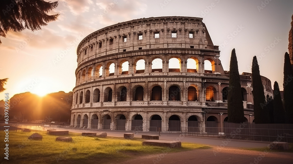 Naklejka premium Rome, Italy. The Colosseum or Coliseum at sunrise.generative ai