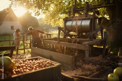 shot of a vintage cider press in action, as apples are being crushed under the golden evening sun photo