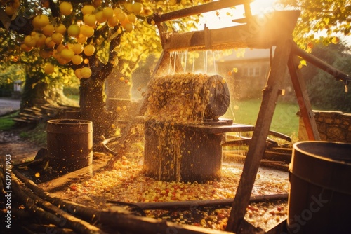 shot of a vintage cider press in action, as apples are being crushed under the golden evening sun
