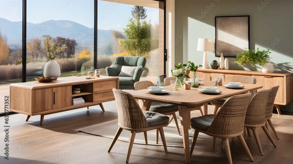 Natural wood round dining table and chairs on wicker rug. Wooden cabinet in dining room. Scandinavian style home interior design of modern living room