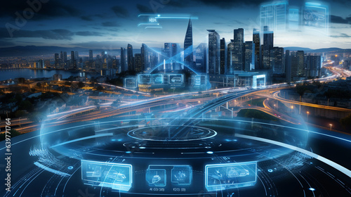 Autonomous Vehicles and Future Mobility: Intelligent Transportation Systems (ITS) in Smart Cities. Aerial Drone Perspective with Digital Interface.