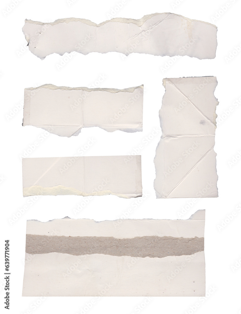 White torn paper rip pieces of sheet edge, note scrap or notebook pages, vector backgrounds.