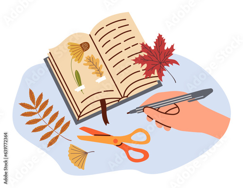 Dried leaves and flowers in a book. Hand glues herbarium into book and signs name of plants.