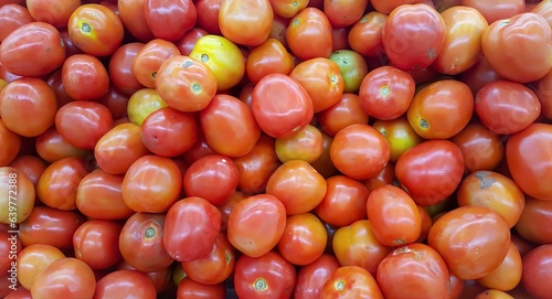 a photography of a pile of tomatoes with a yellow top, grocery store display of tomatoes with yellow and red colors. © Waranya