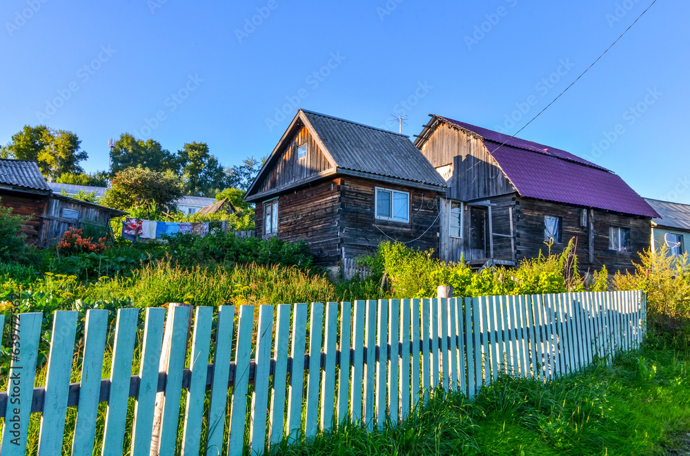 wooden houses in Verkhnii Nergen village (Nanaysky district, Khabarovsk krai, Russia)