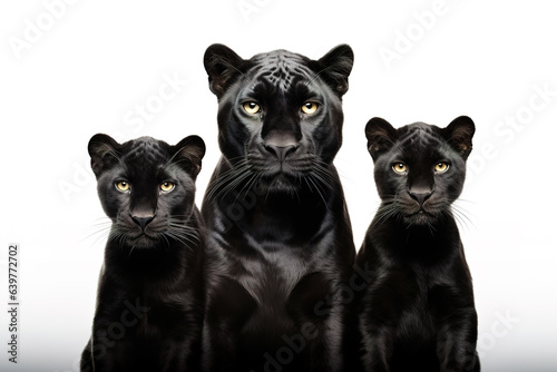 Image of family group of black panther on white background. Wildlife Animals. Illustration, Generative AI.